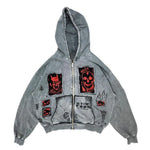 Demon Oni Mask Patchwork Distressed Full-Zip Streetwear Hoodie"