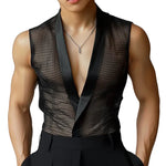 Deep V-Neck Mesh Sheer Lapel Sleeveless Vest Top