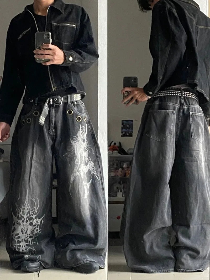 Gothic Skull Graphic Wide-Leg Baggy Streetwear Jeans
