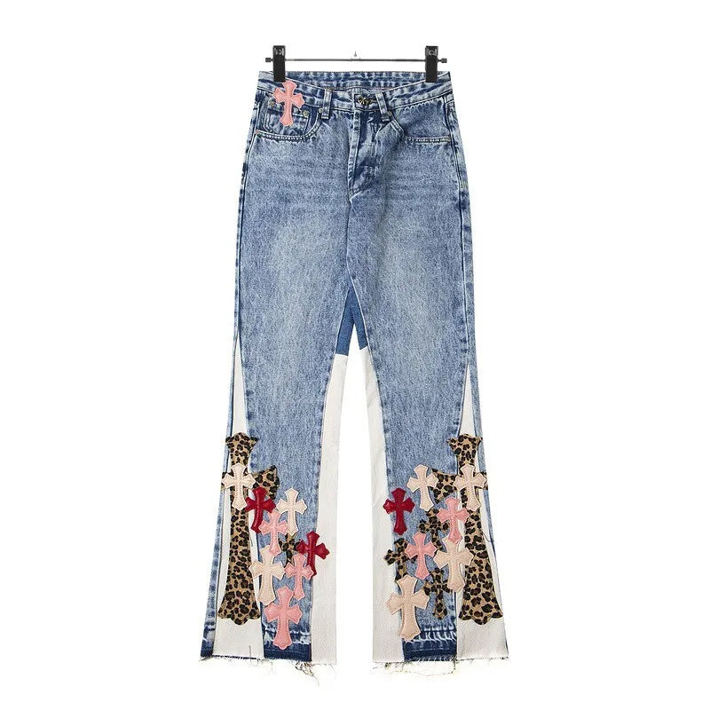 Cross Patch Leopard Flared Jeans
