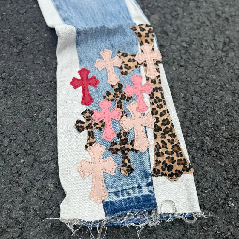 Cross Patch Leopard Flared Jeans