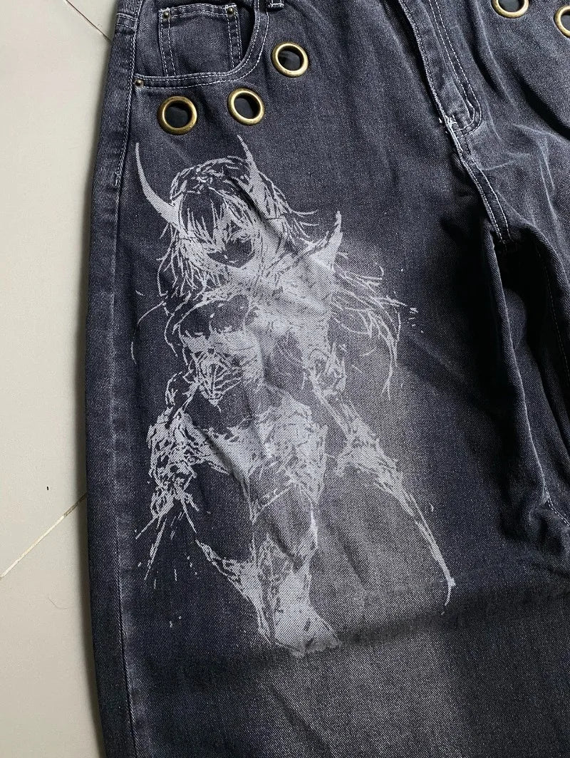 Gothic Skull Graphic Wide-Leg Baggy Streetwear Jeans