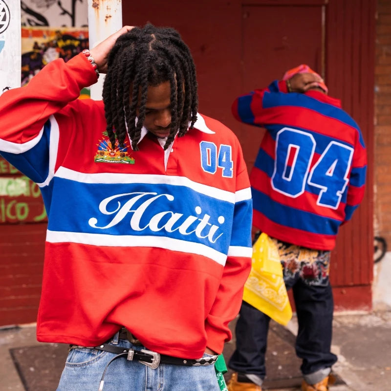 Haiti Heritage Embroidered Long Sleeve Vintage Rugby Polo