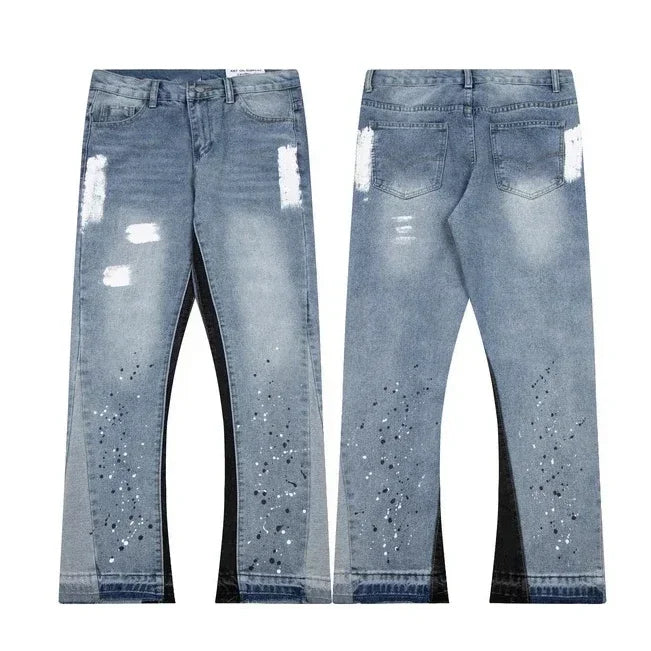 Distressed Paint Splatter Flared Jeans