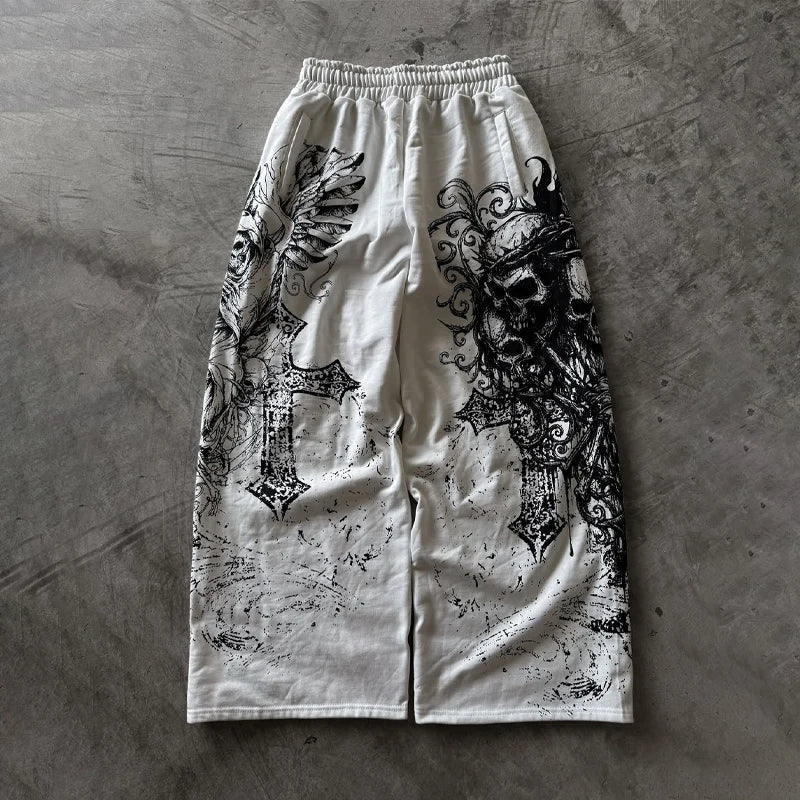 Skull Cross Wings All-Over Print Baggy Sweatpants