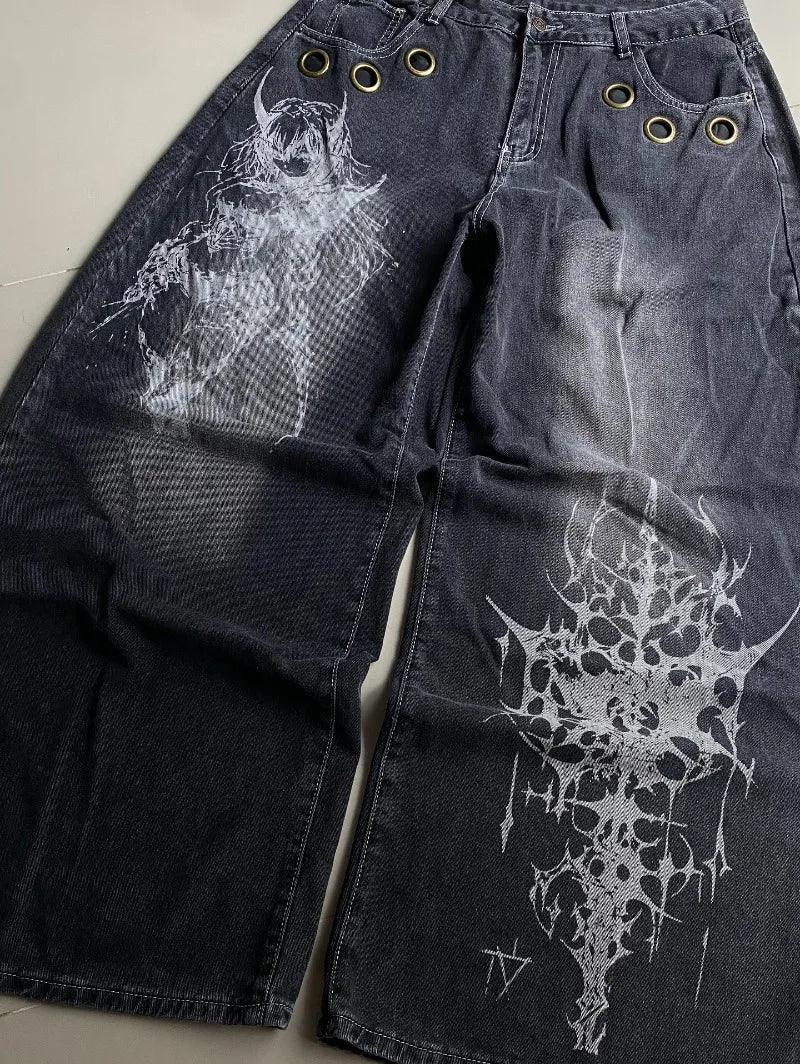 Gothic Skull Graphic Wide-Leg Baggy Streetwear Jeans