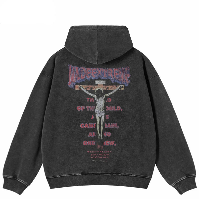 Extreme Gothic Typography Religious Graphic Vintage Washed Hoodie