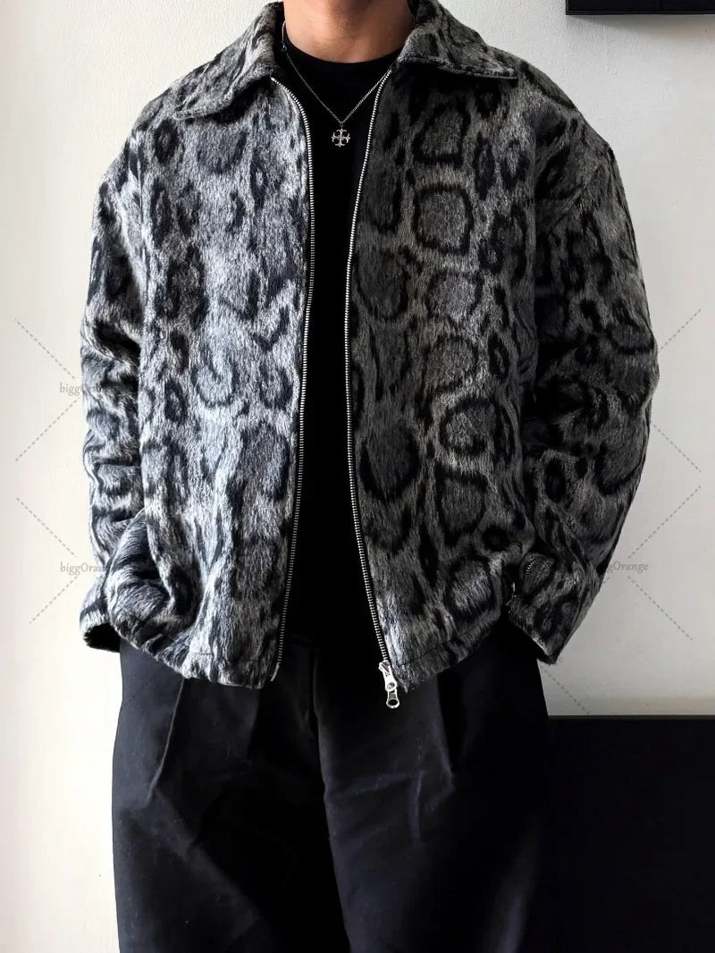 Plush Panther Print Zip-Up Jacket
