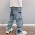 Cross-Embroidered Loose Wide Leg Denim Jeans