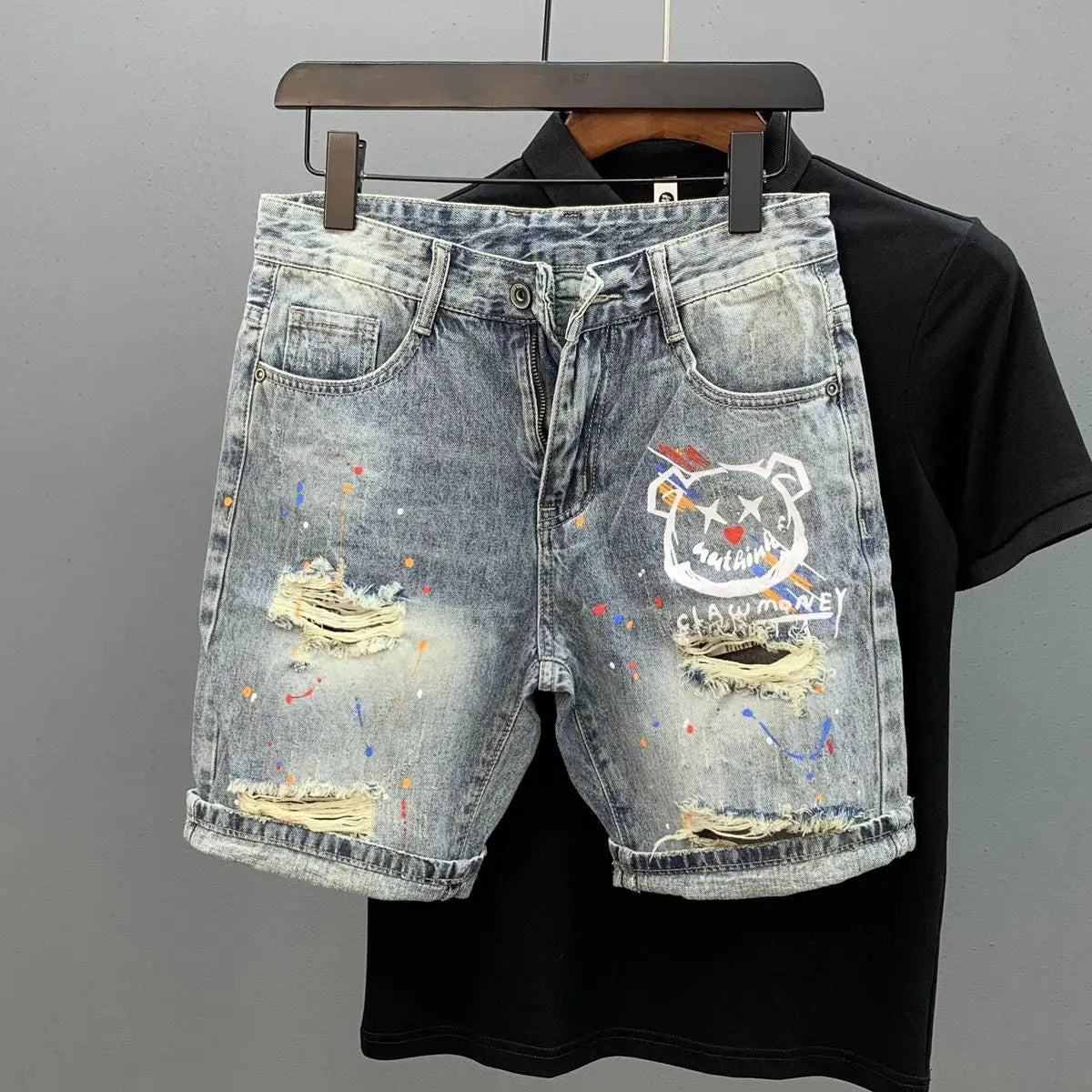 Graffiti Bear Ripped Denim Shorts