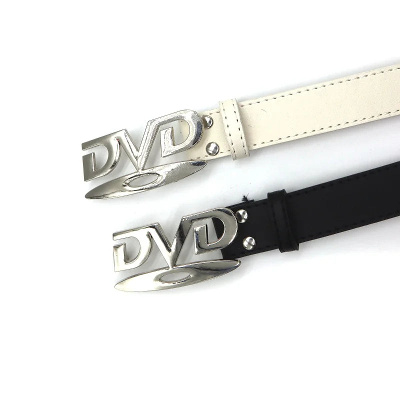 Retro DVD Logo Buckle PU Leather Belt