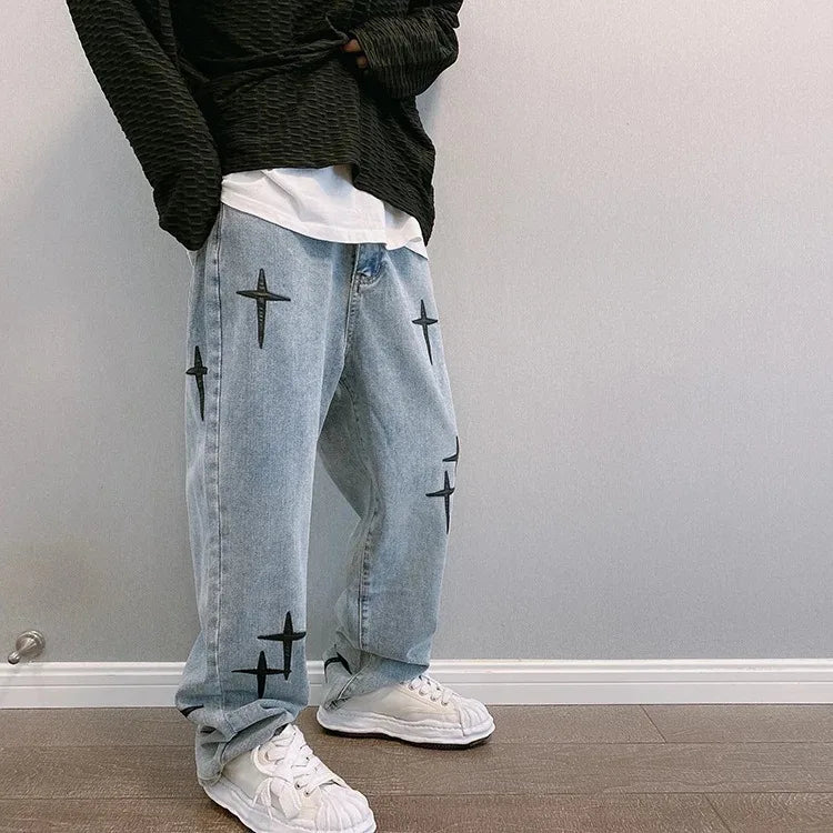 Cross-Embroidered Loose Wide Leg Denim Jeans