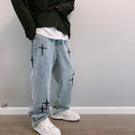 Cross-Embroidered Loose Wide Leg Denim Jeans