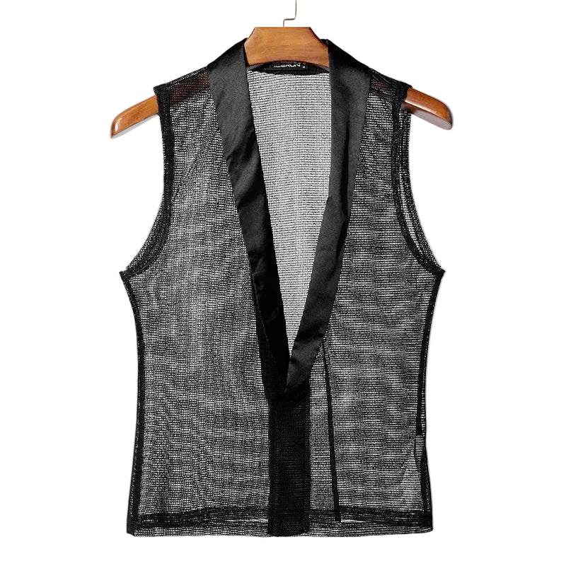 Deep V-Neck Mesh Sheer Lapel Sleeveless Vest Top