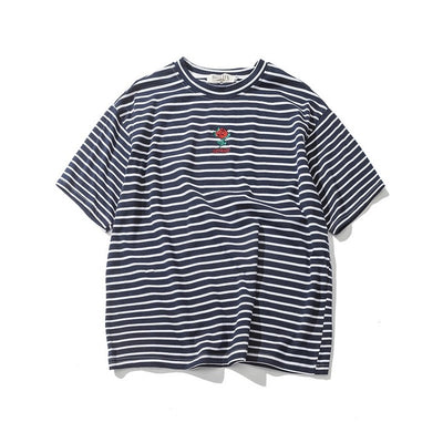 Rose Embroidery Striped T-shirt - AESTHEDEX