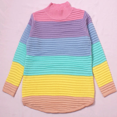 Turtleneck Rainbow Striped Sweater - AESTHEDEX
