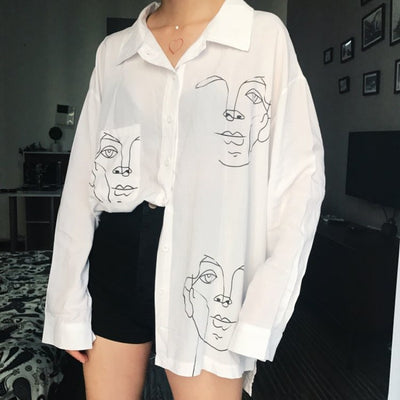Abstract Face Long Collar Shirt - AESTHEDEX
